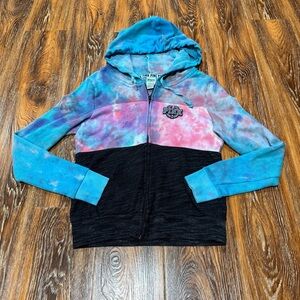 PINK Women's Size S Blue & Pink Tie-Dye Zip Up Hoodie Y2K Style Terrycloth Blue
